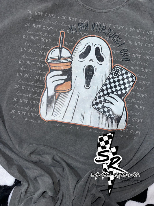 In my Introvert era t.shirt - ghost with coffee / cell phone - introvert t.shirt - Halloween t.shirt