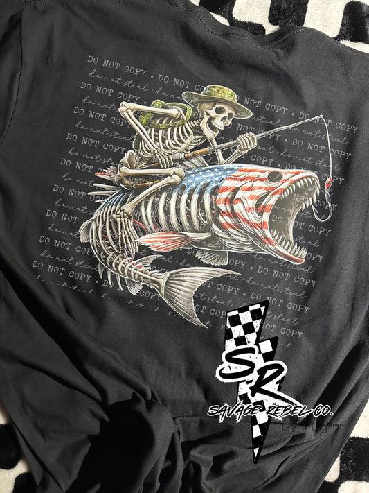 American Flag/ Camo Skeleton Fish T.shirt - Fishing T.shirt- Mens T.shirt-