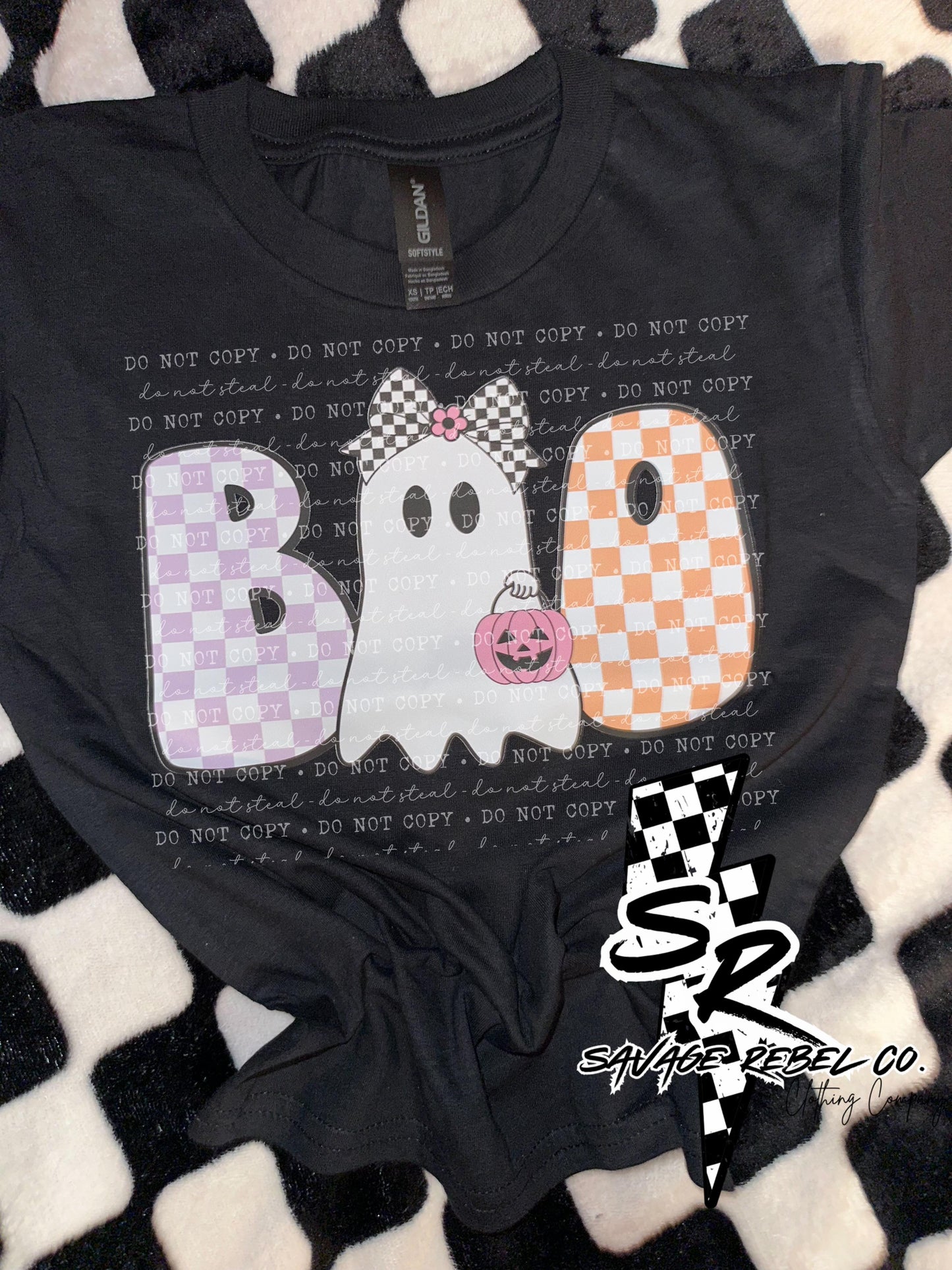 Kids BOO Halloween t.shirt - Checkered girls halloween t.shirt