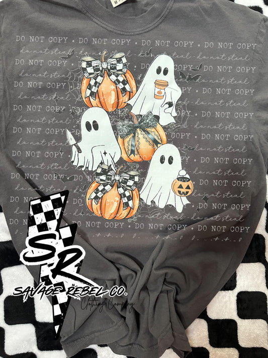 Retro Checkered Ghost with Pumpkins- Halloween t.shirt - Retro Halloween t.shirt