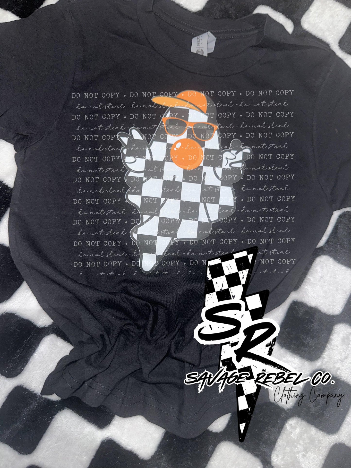 Youth Kids Checkered Ghost with Hat - Orange Bubble Gum Ghost - Checkered Ghost Halloween T.shirt - Boys Halloween T.Shirt