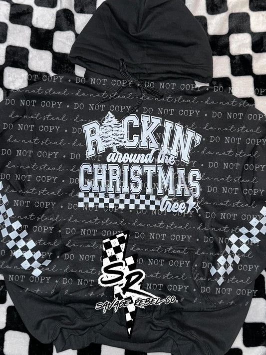 Rockin' around the Christmas tree Hoodie - Christmas Hoodie- Black checkered Christmas Hoodie