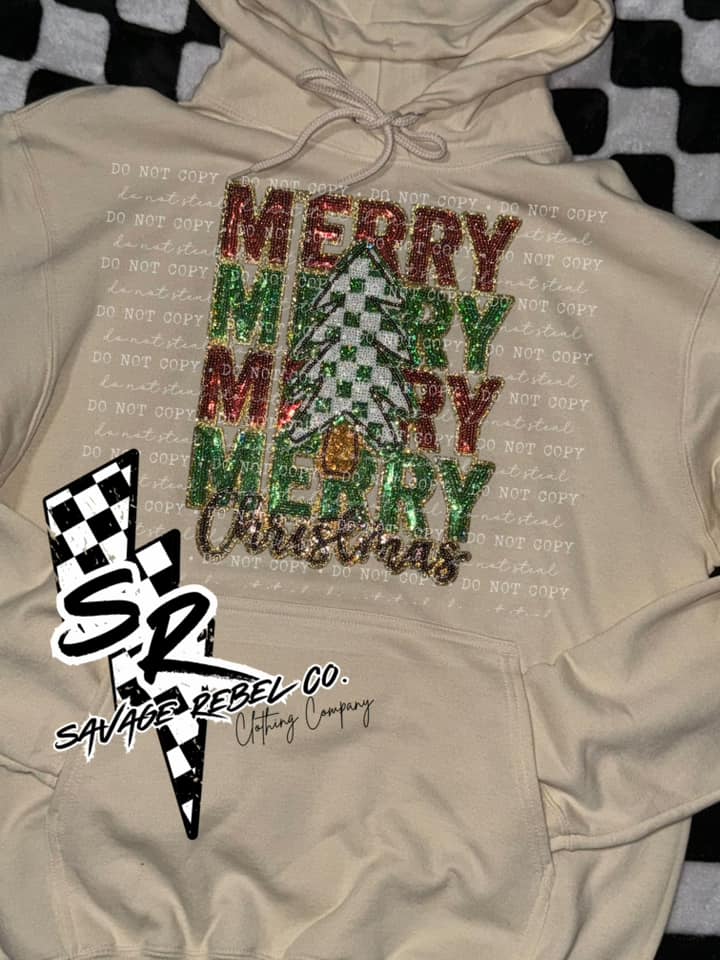 Sequin Merry Merry Merry Checkered Christmas Tree - Christmas Hoodie