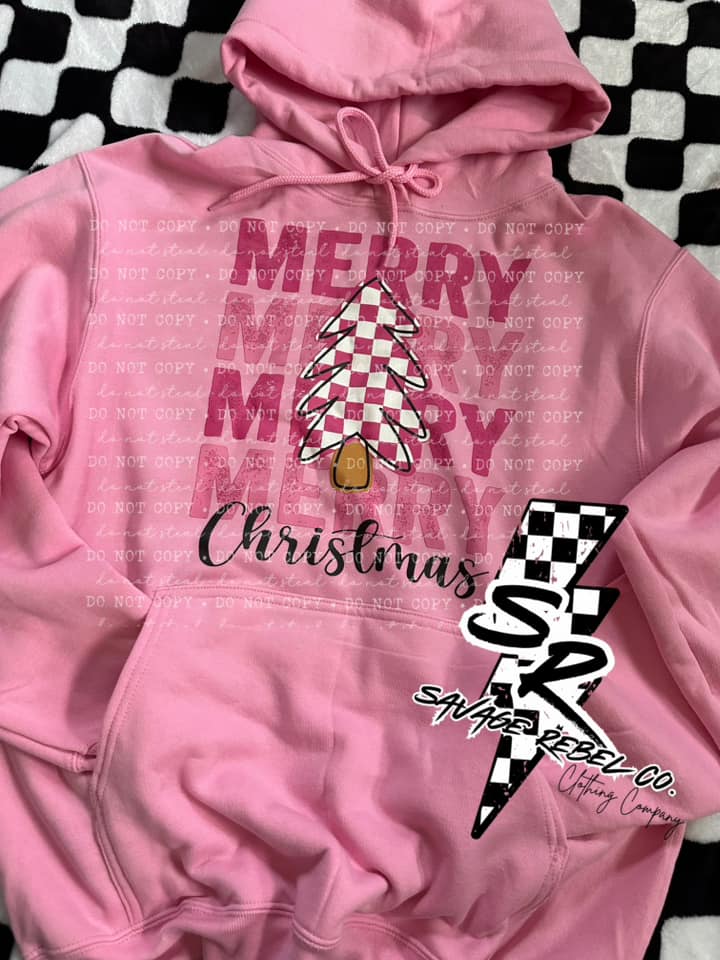 MERRY MERRY MERRY Checkered Pink Christmas Hoodie - Pink Christmas