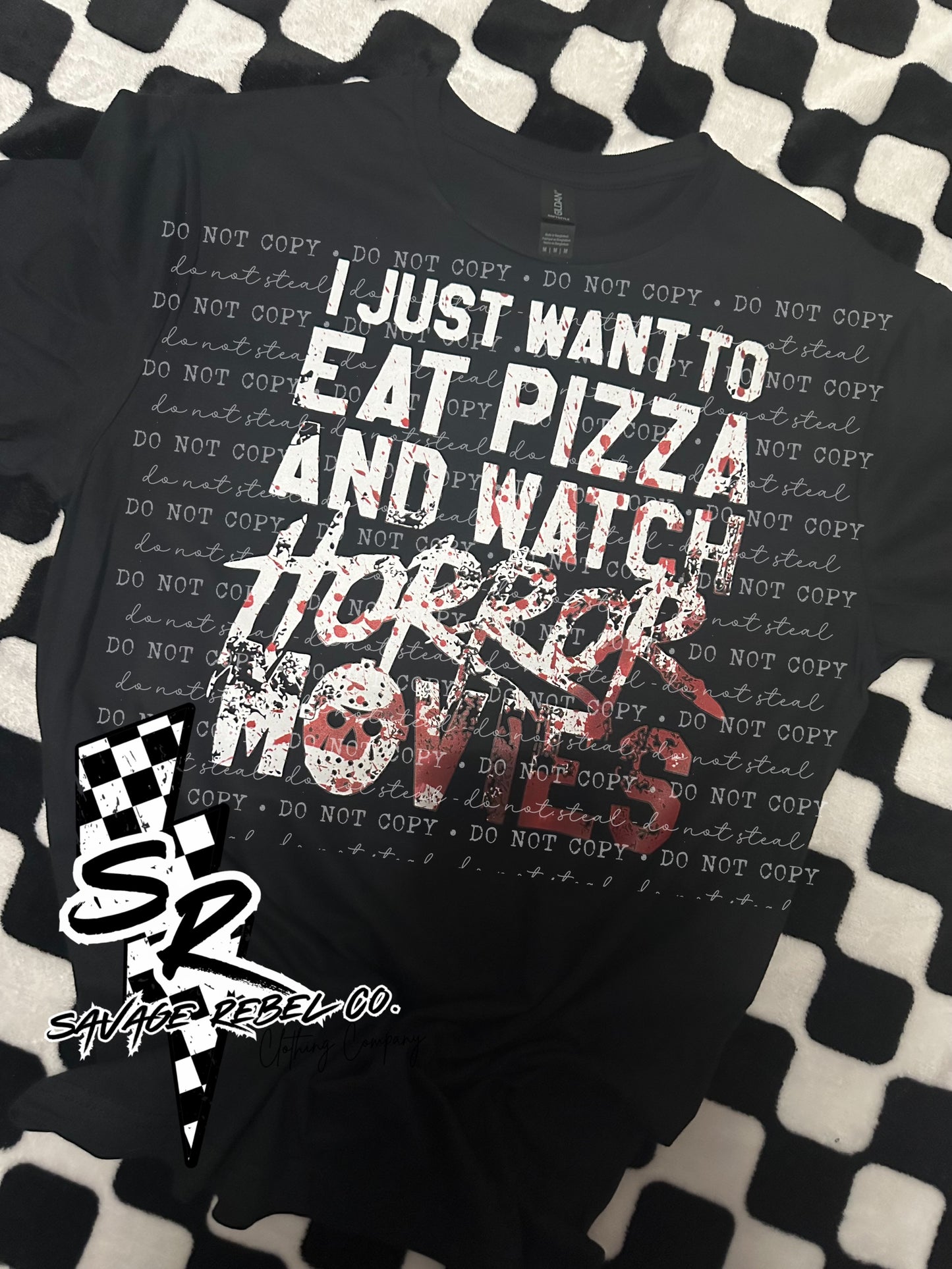 I just want to eat pizza and watch horror movies t.shirt