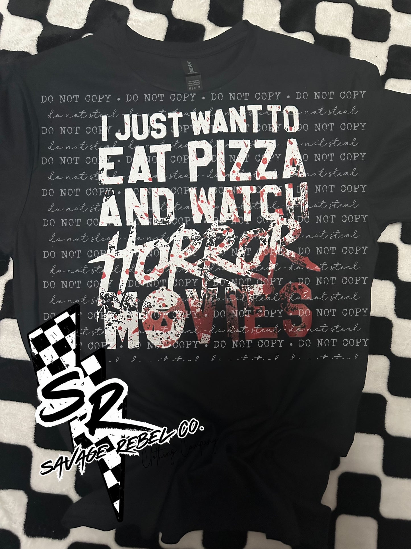 I just want to eat pizza and watch horror movies t.shirt